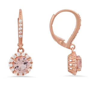 14k Rose Gold Over Silver Morganite CZ Halo Leverback Earrings