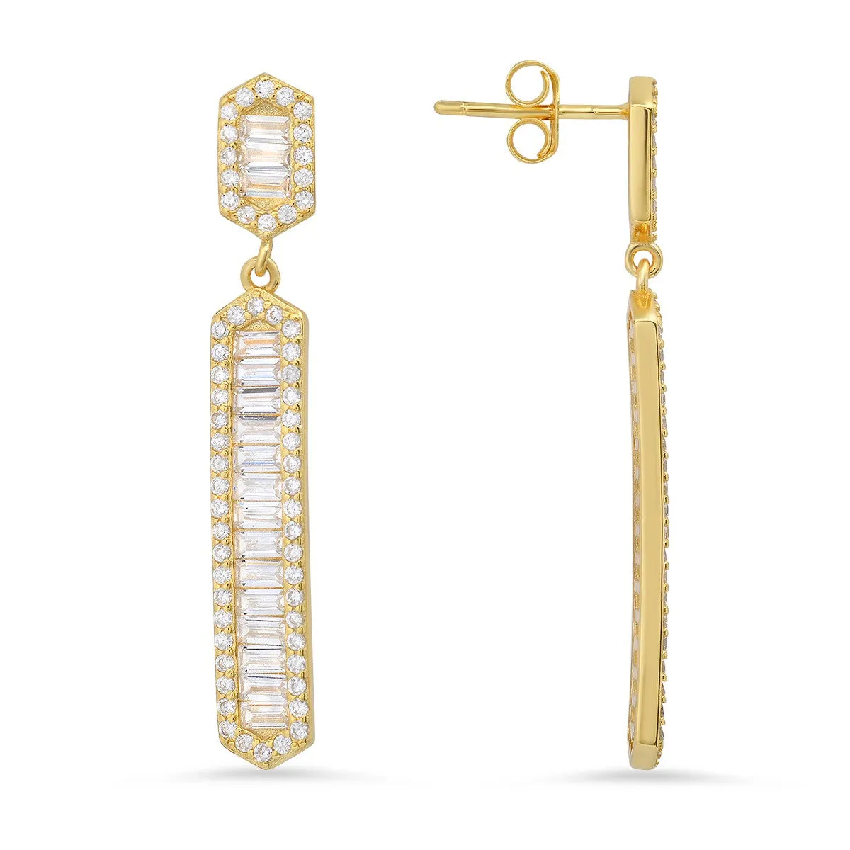 14k Yellow Gold Over Silver CZ Dangling Bar Stud Earrings