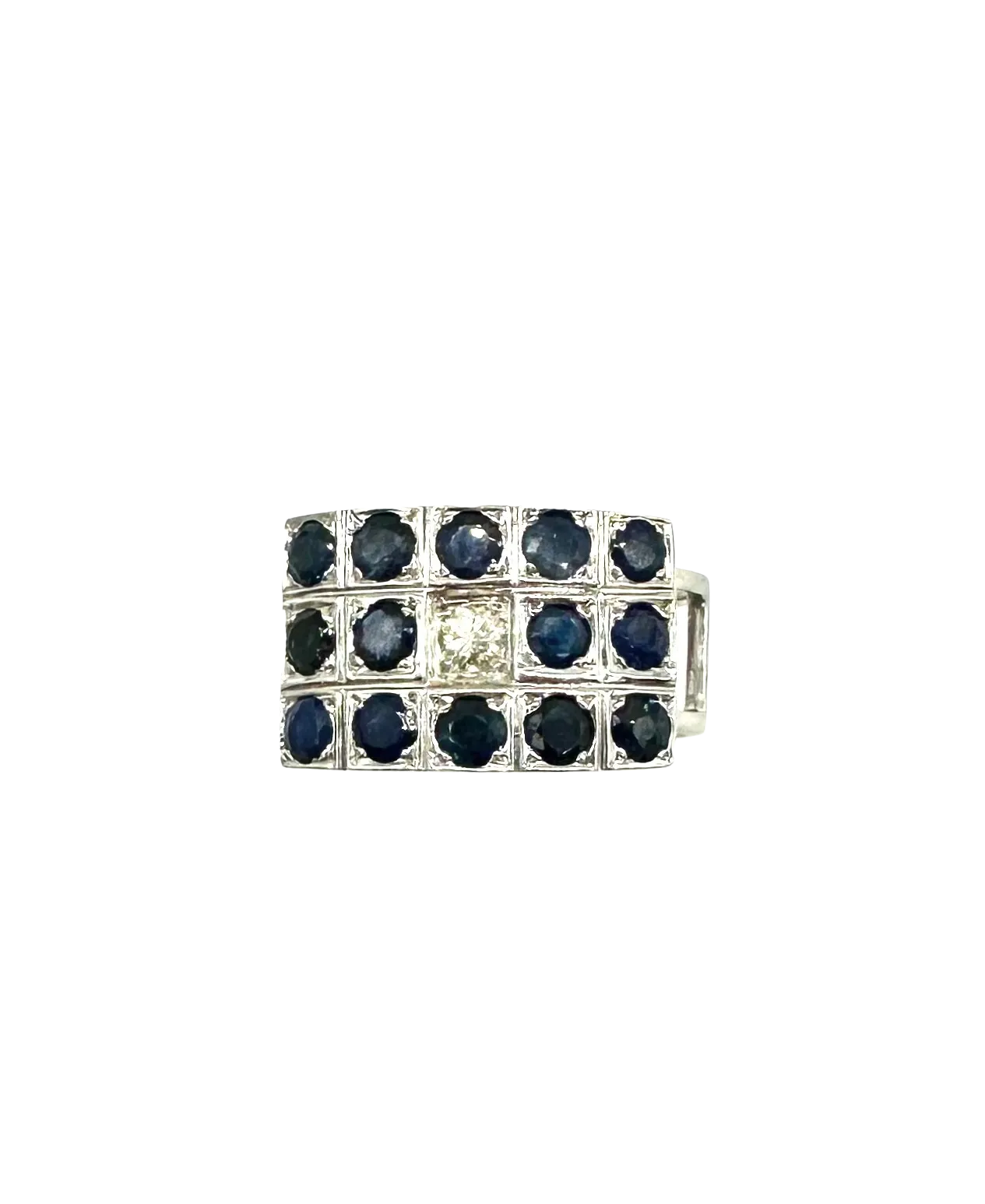 18k White Gold Ring with Round Sapphires and Diamond Center