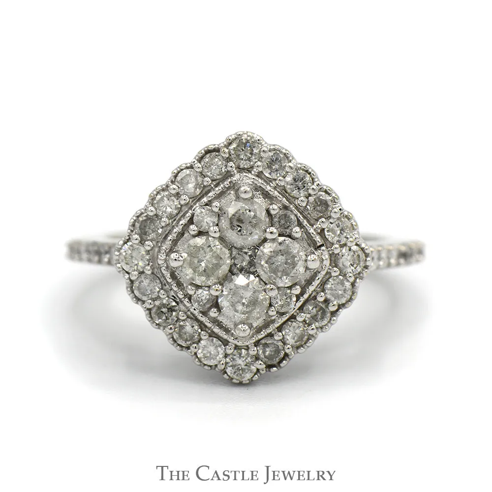 1cttw Round Diamond Cluster Ring with Diamond Halo and Accented Sides in 10k White Gold