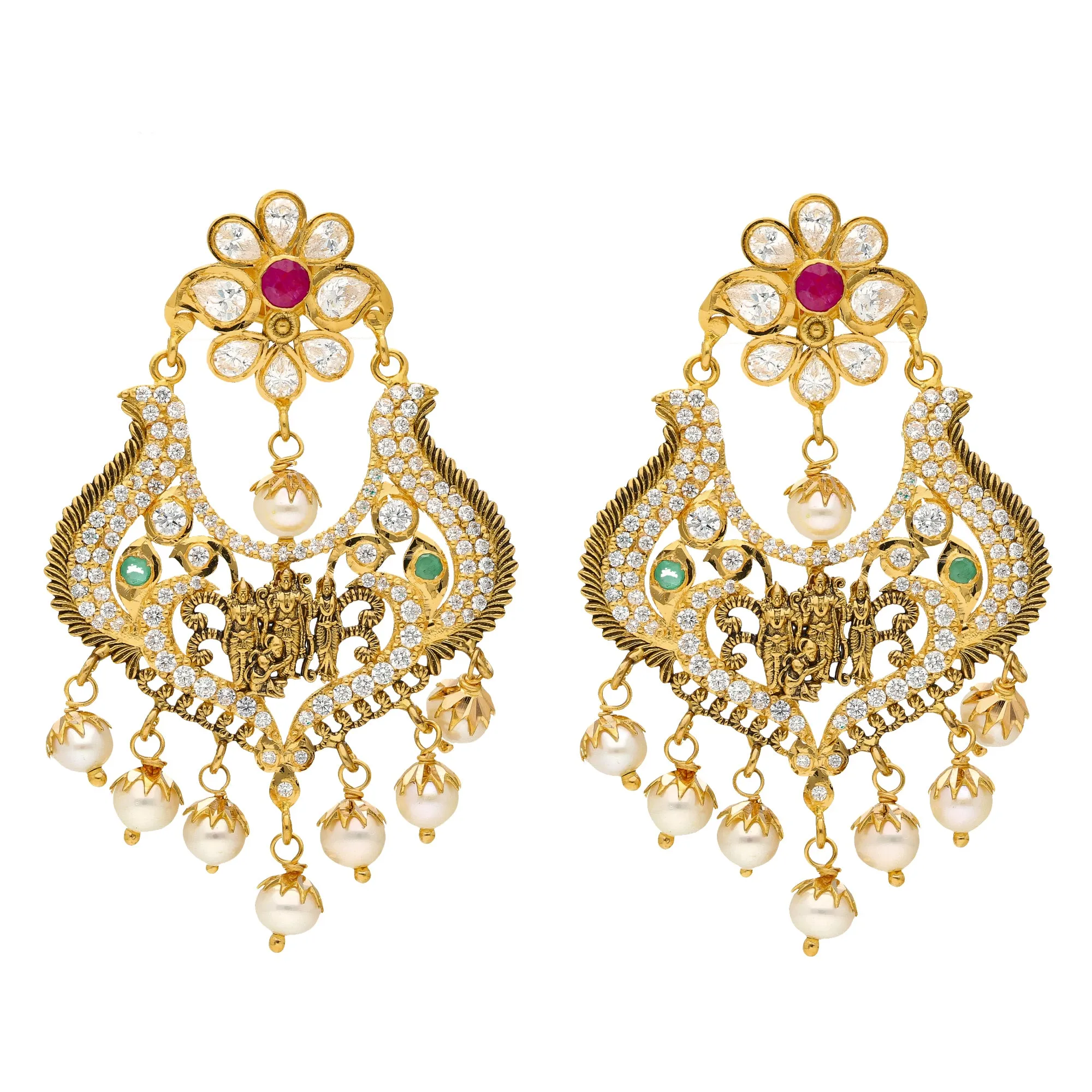 22K Yellow Gold, Emerald, Ruby, Pearls and CZ Temple Earrings (19 grams)