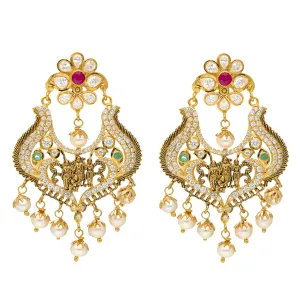 22K Yellow Gold, Emerald, Ruby, Pearls and CZ Temple Earrings (19 grams)