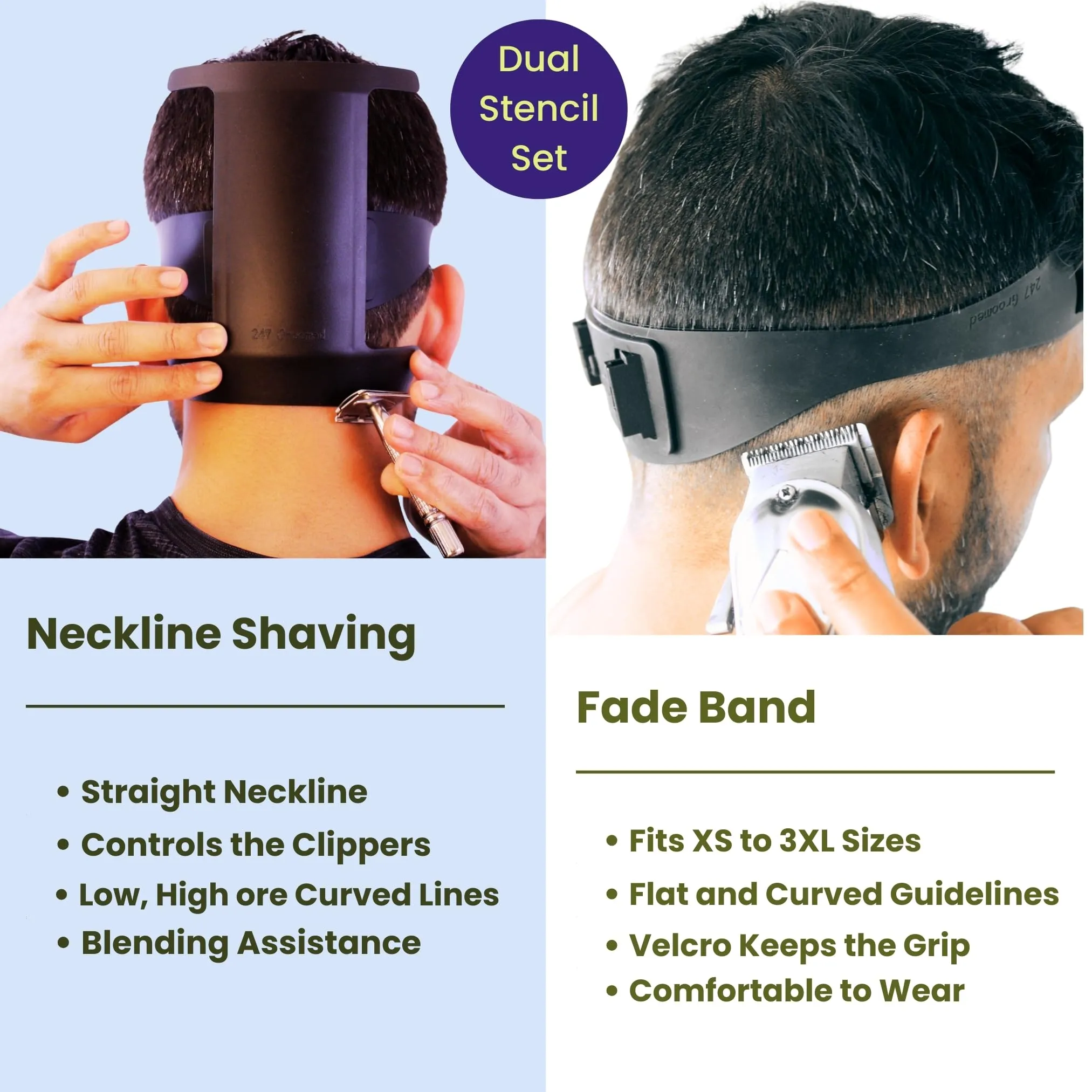 247 Groomed Self Haircut Kit for Men | Dual Template Set: Neckline Shaving Template & Fade Guide | Adjustable Size Silicone Headband |Mens Hair Cutting Kit | Hair Cutting Tools | Unique Gifts for Men