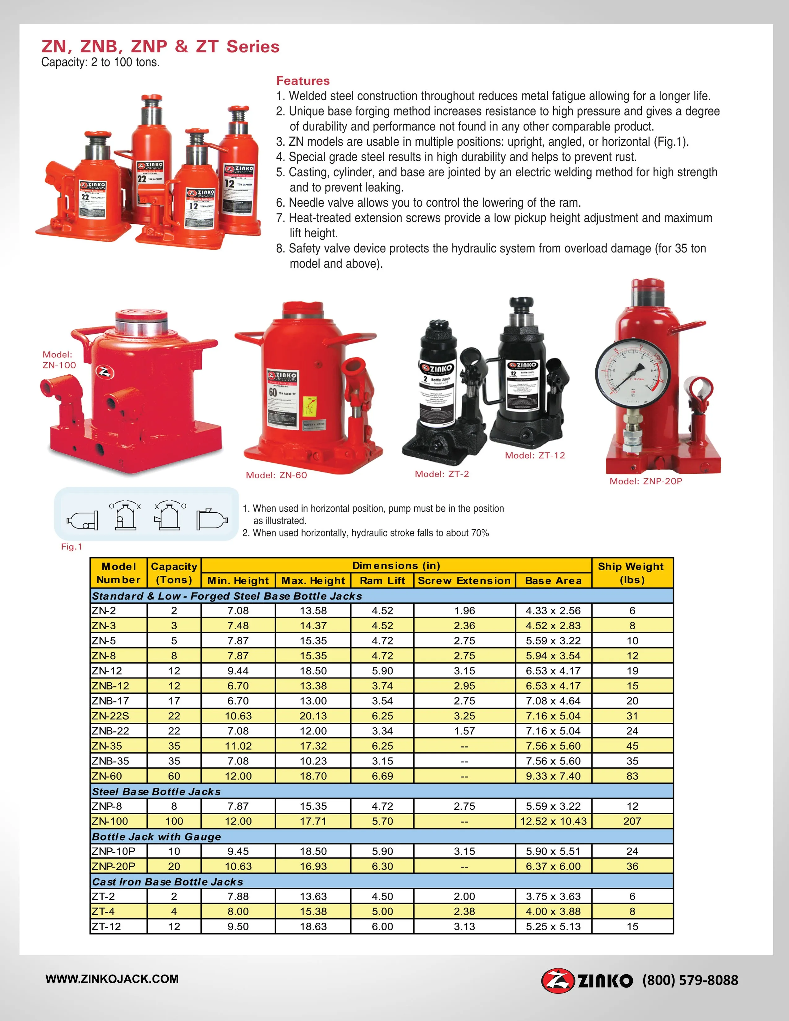 BOTTLE JACK STD PROFILE - 12 TON MODEL: ZN-12: