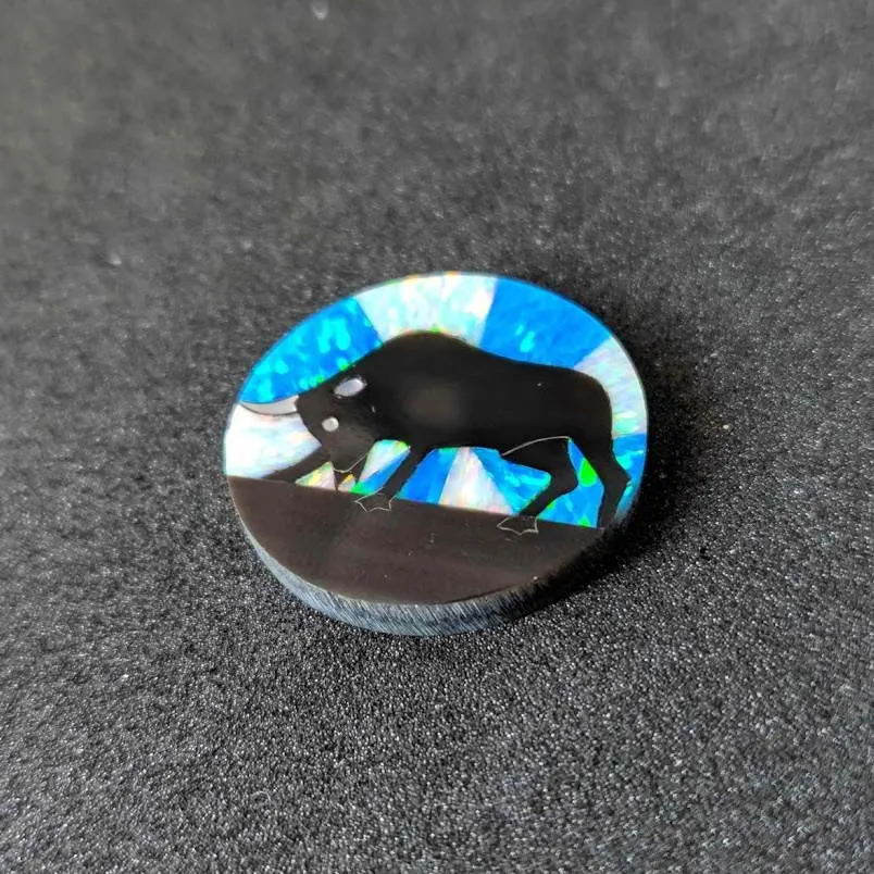 Bull Cabochon Inlay with Black Horn, Mother of Pearl Shell and Lab Opal - 22.3mm Diameter, 2g Weight