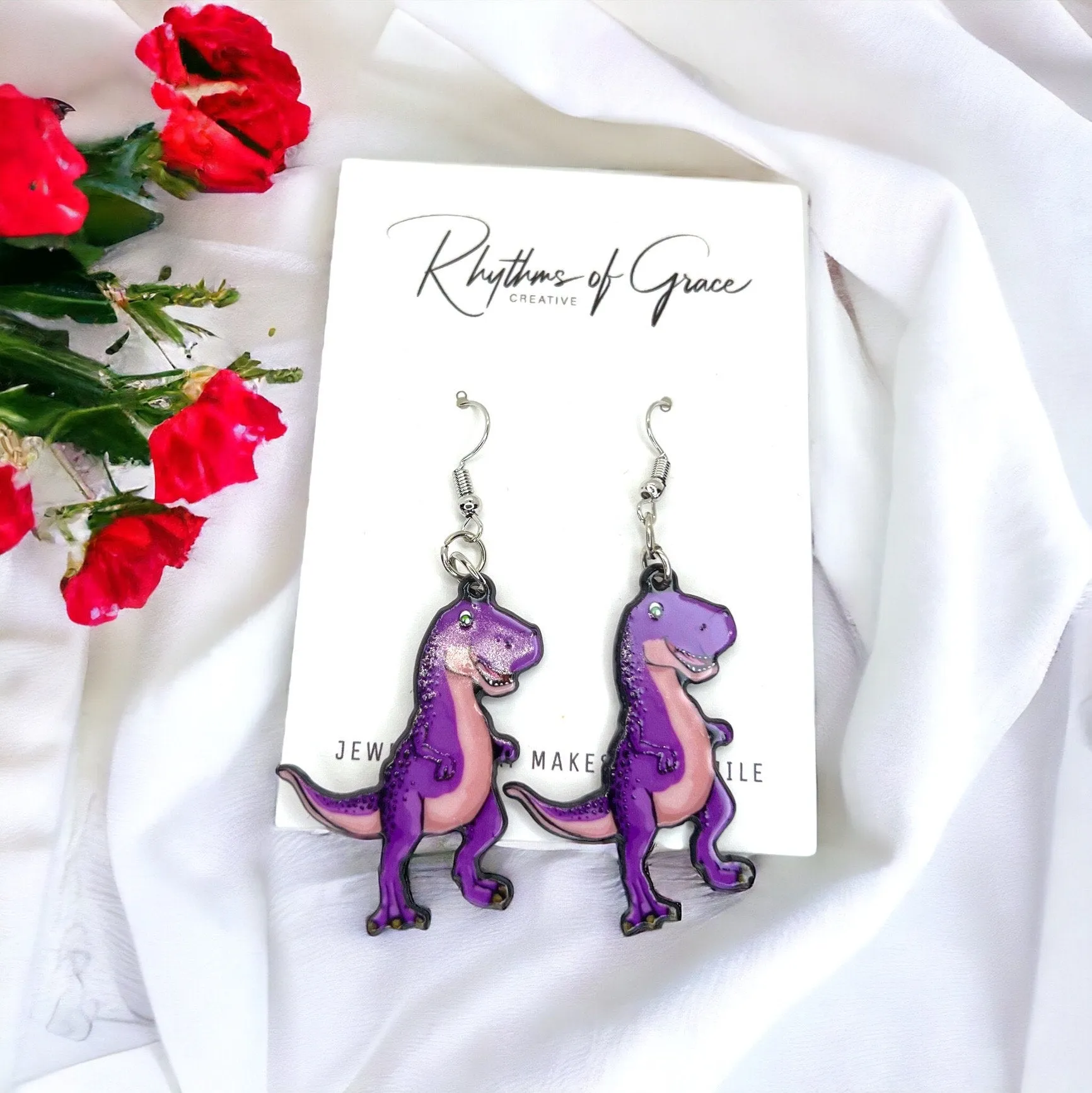 Dinosaur Earrings - Dinosaur Jewelry, Purple Dinosaur, Handmade Earrings, Handmade Jewelry, Animal Earrings, Animal Jewelry, Dino Earrings