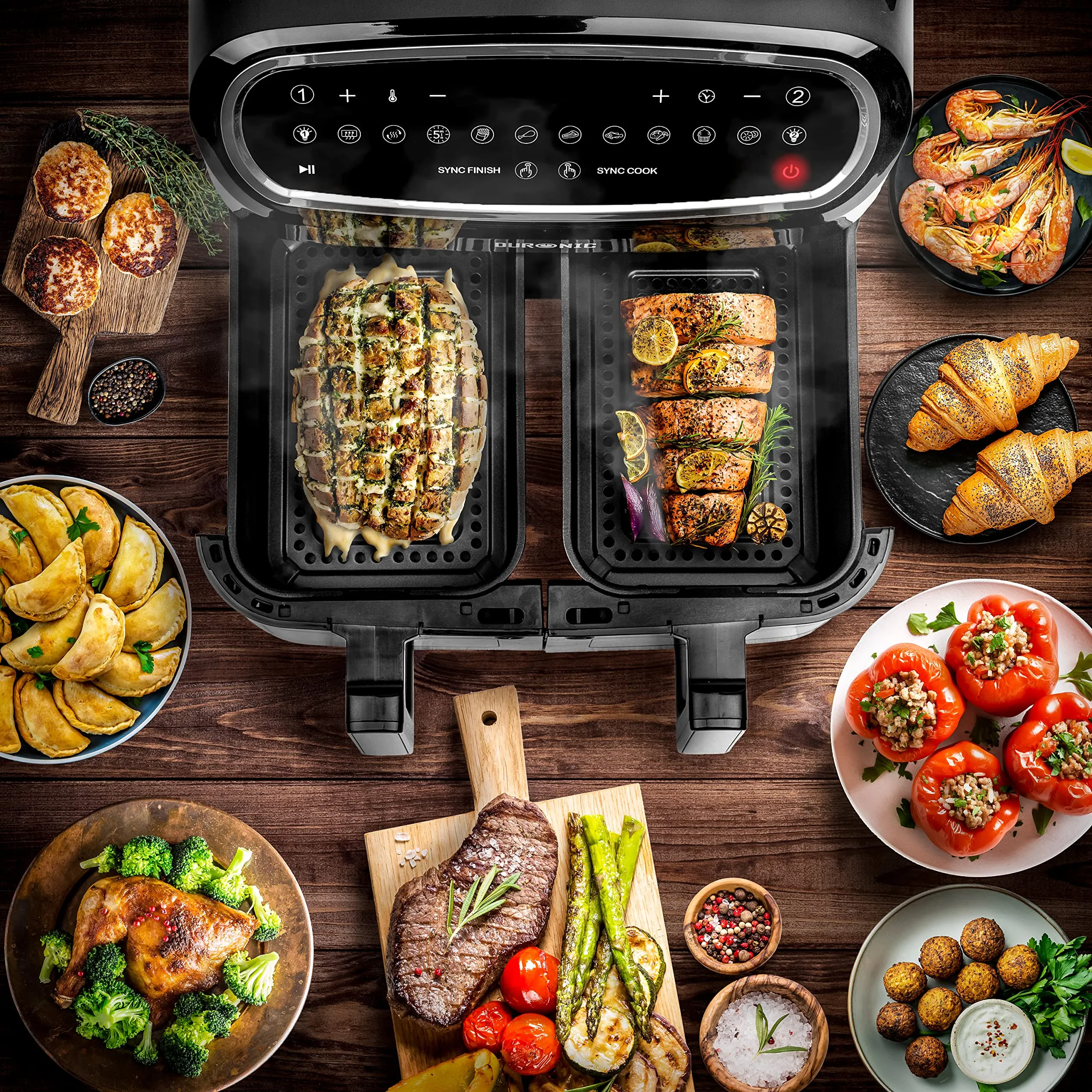 Duronic Dual air fryer with visual window AF24, 2 X 5L Double Drawers Large Dual Air Fryer Oven Cooker, 10 Pre-Set Cooking Programs with Digital Touch Control