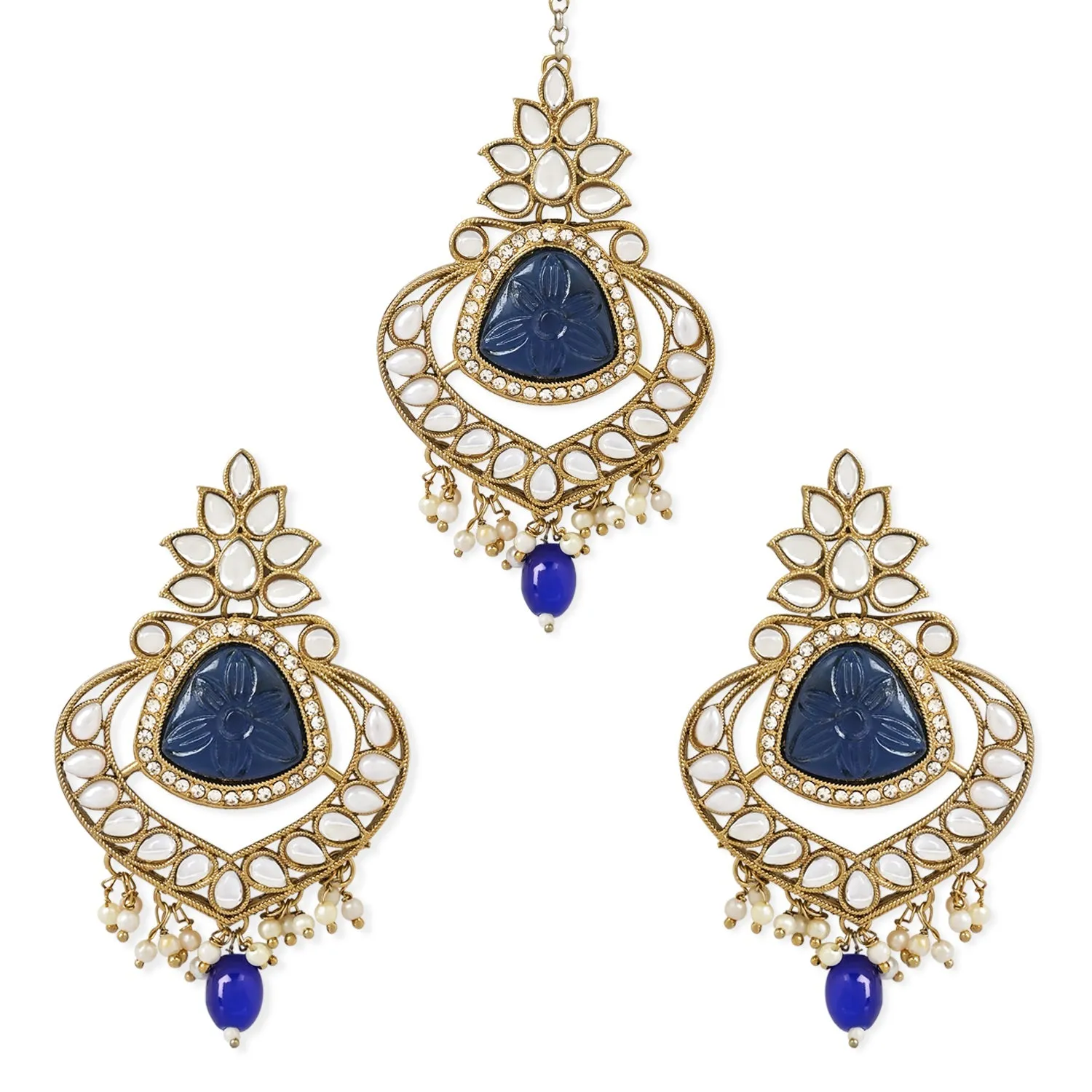 Gold Plated Traditional Kundan Pearl Chandbali Earrings With Maang Tikka For Women/Girls