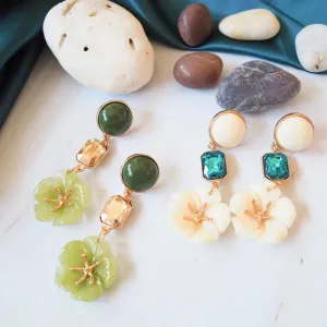 Green Floral Gemstone Drop Earrings