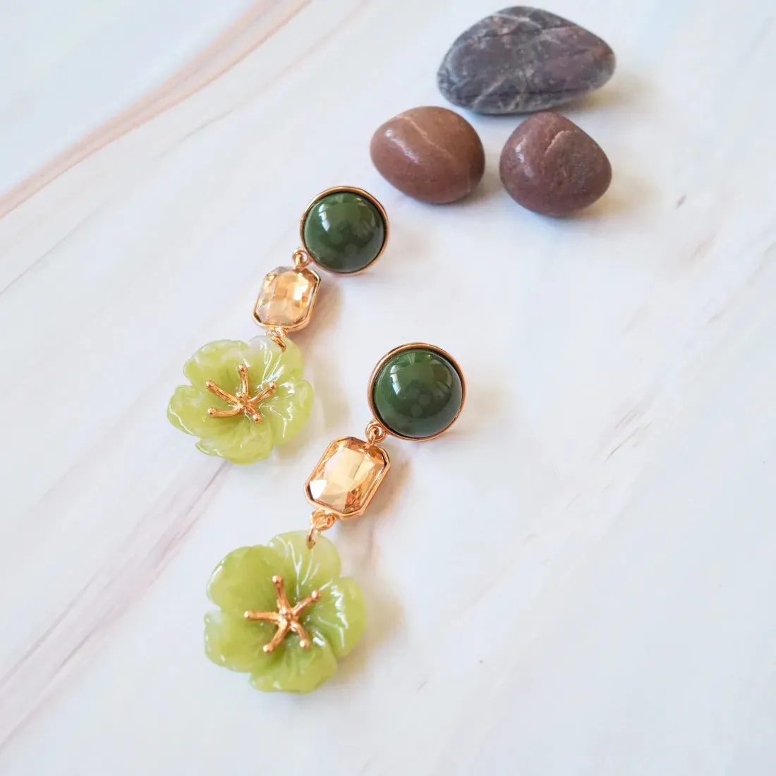 Green Floral Gemstone Drop Earrings