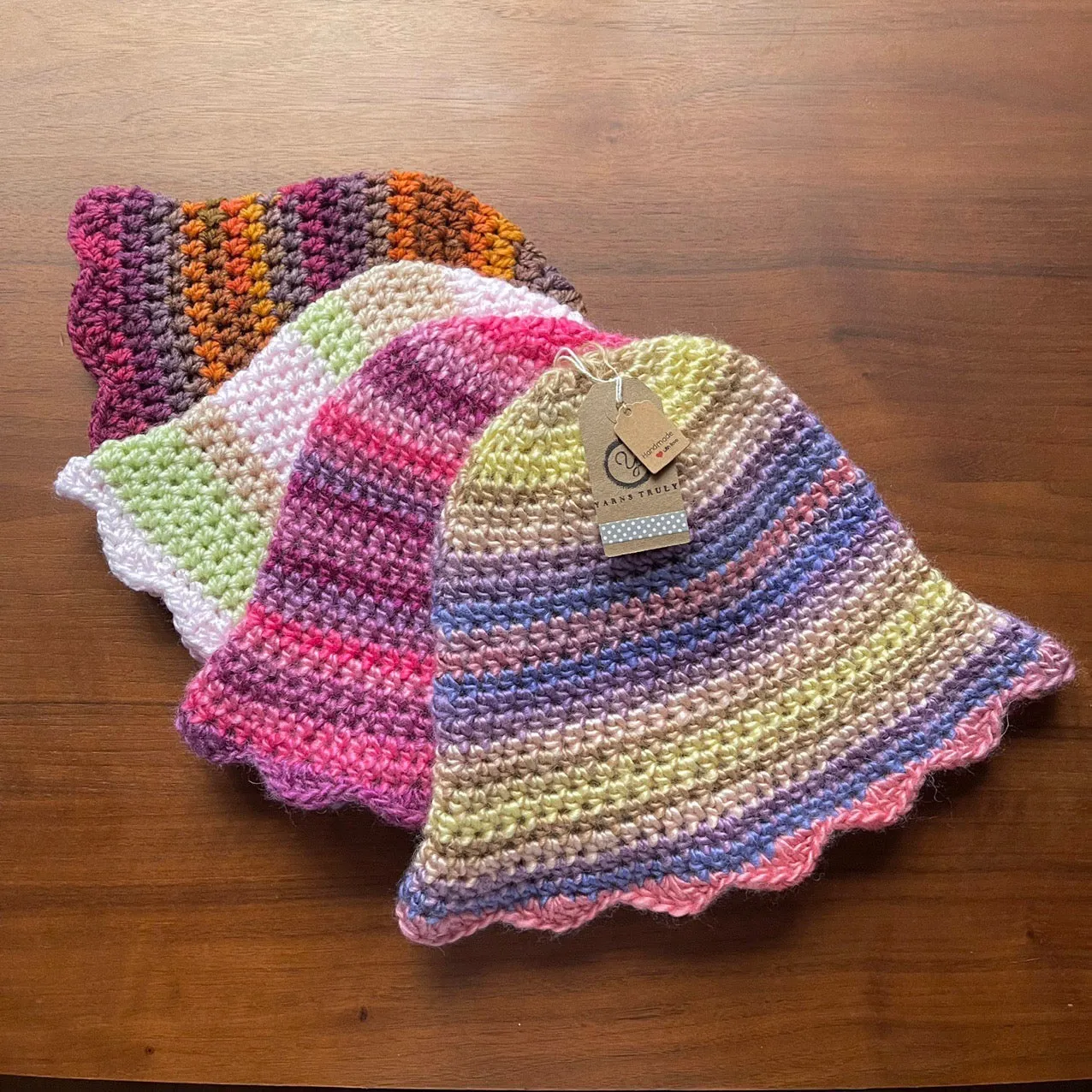 Handmade scallop edge crochet bucket hat - various colourways