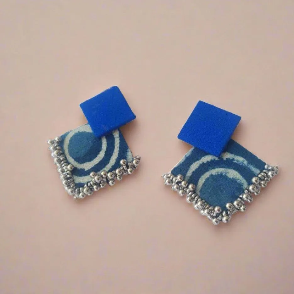 Indigo Print And Silver Ghungroo Fabric Earrings