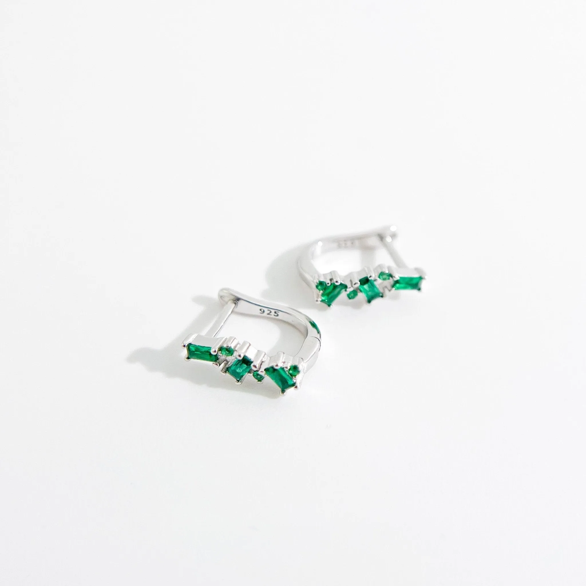 Irregular Green Gems Huggies in Silver