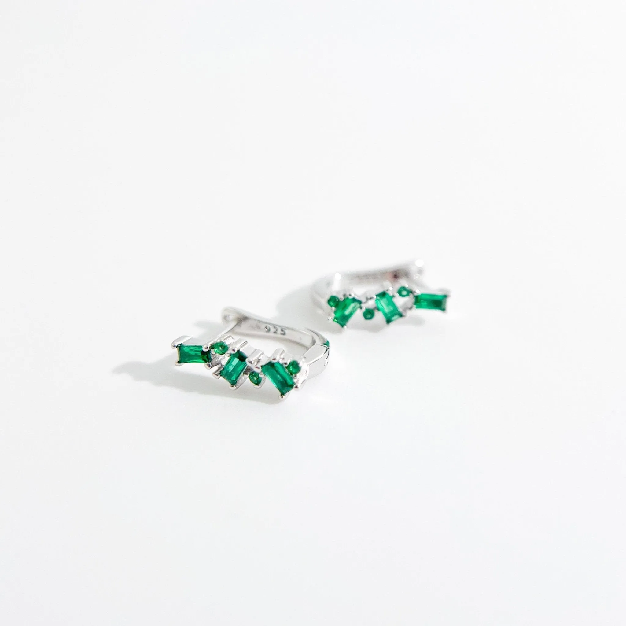 Irregular Green Gems Huggies in Silver