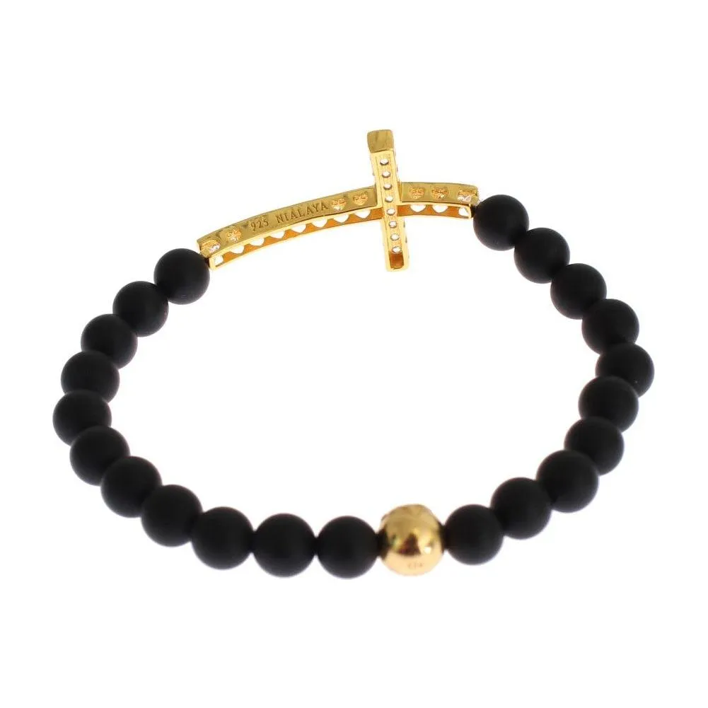 Nialaya Chic Matte Onyx Bead & CZ Diamond Cross Bracelet