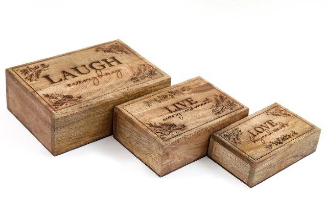 Rustic Wooden Storage Boxes with Inspirational Engravings - Set of 3