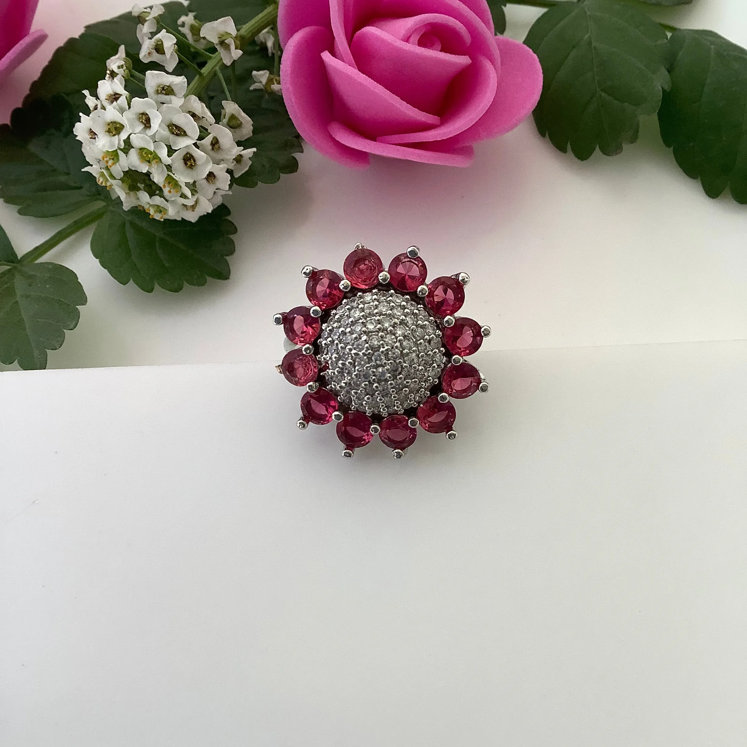 Salvanity Fashion Jewelry - Ruby Sunflower Finger Ring - American Diamonds, adjustable