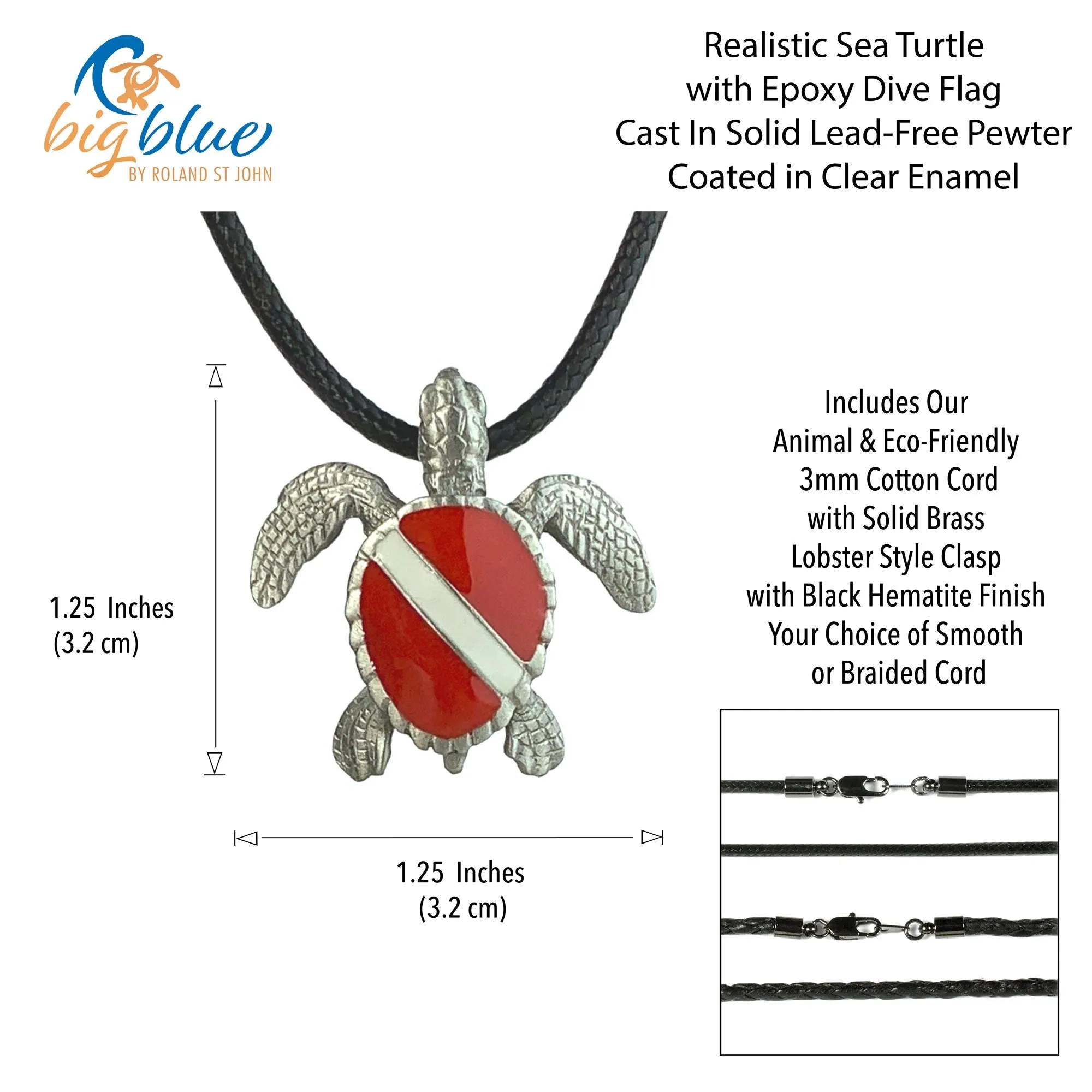 Sea Turtle Necklace Pendant with Dive Flag-  Dive Flag Sea Turtle Gifts, Dive Turtle Necklaces, Diving Gifts for Turtle Lovers, Jewelry for Divers