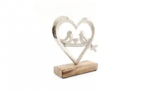 Silver Heart and Love Birds Ornament on Wooden Base