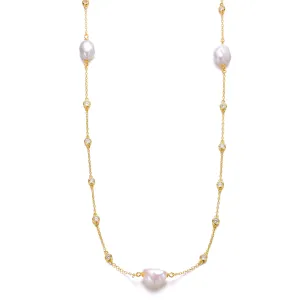 Sterling Silver 14k Yellow Gold Plated Baroque Pearl Bead Station Necklace, Adjustable Length