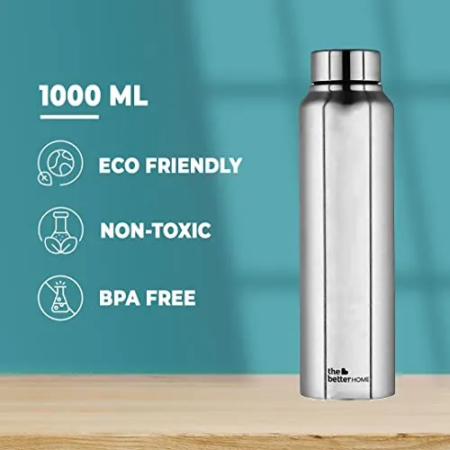 The Better Home 304 Stainless Steel Water Bottle 1 Litre | Water Bottle For Office Home | Water Bottle Steel | Steel Water Bottle For Kids School | Office Water Bottle For Women Men (Silver - 1 Pcs)