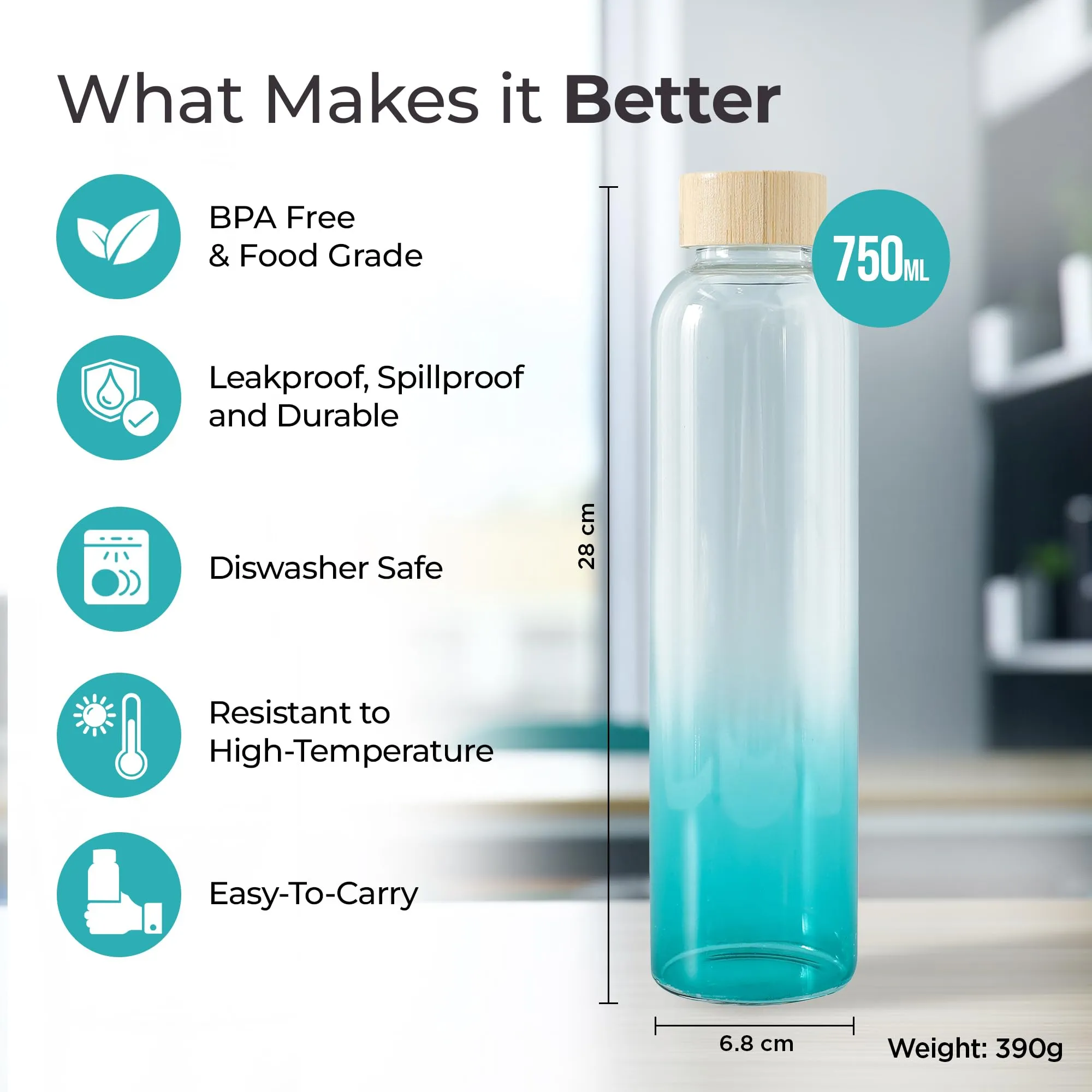 The Better Home Borosilicate Glass Water Bottle with Sleeve (500ml) | Non Slip Silicon Sleeve & Bamboo Lid | Fridge Water Bottles for Men, Women (BabyGreen)