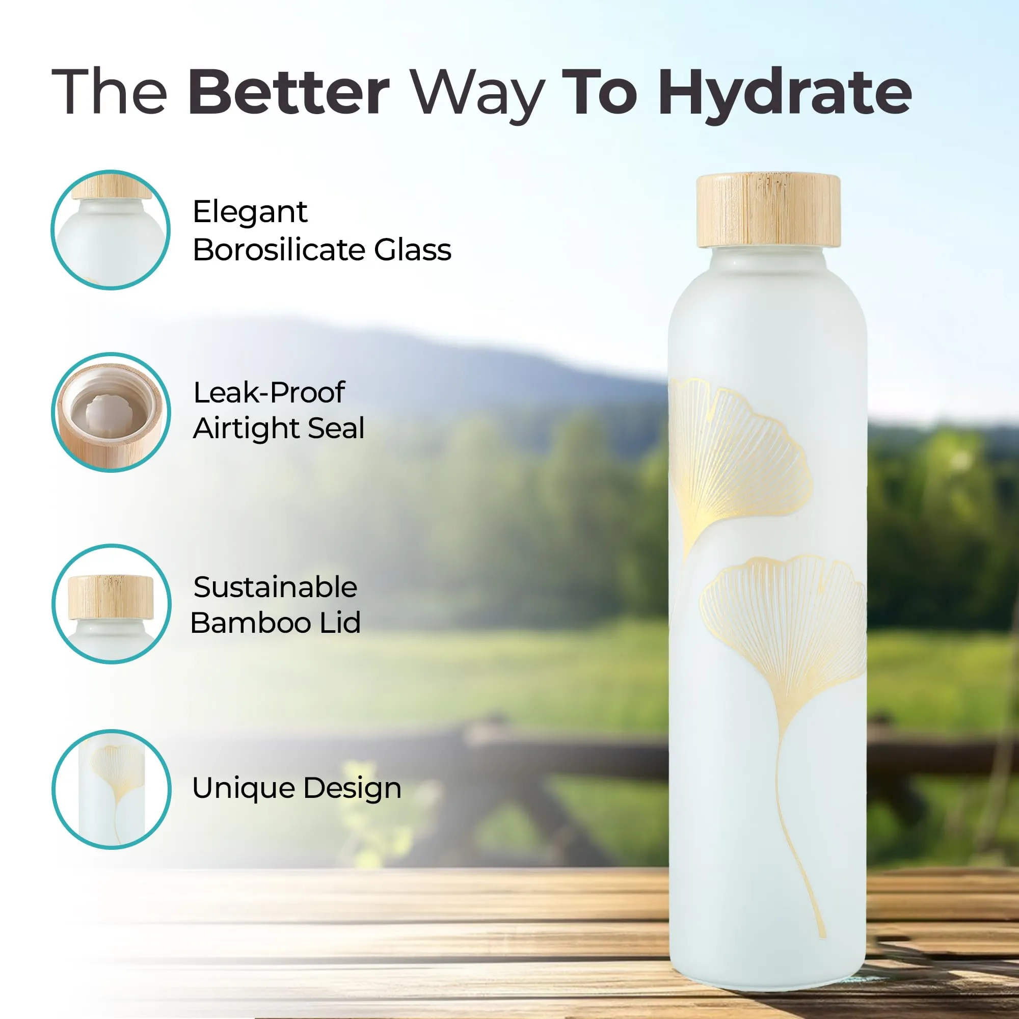 The Better Home Borosilicate Glass Water Bottle with Sleeve (500ml) | Non Slip Silicon Sleeve & Bamboo Lid | Fridge Water Bottles for Men, Women (Golden)