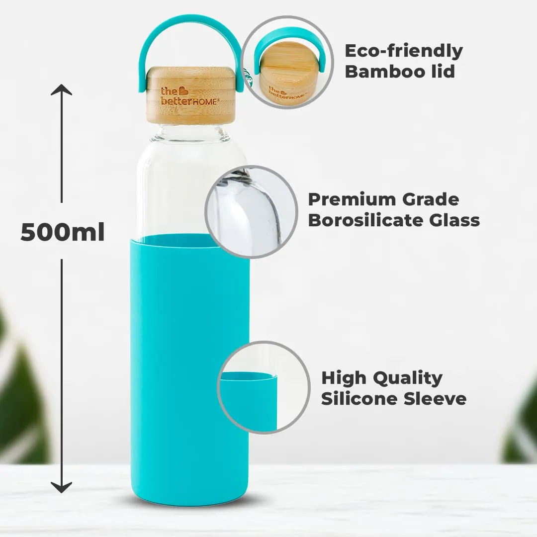 The Better Home Borosilicate Glass Water Bottle with Sleeve (500ml) | Non Slip Silicon Sleeve & Bamboo Lid | Water Bottles for Fridge | Light Blue (Pack of 10)