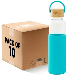 The Better Home Borosilicate Glass Water Bottle with Sleeve (500ml) | Non Slip Silicon Sleeve & Bamboo Lid | Water Bottles for Fridge | Light Blue (Pack of 10)