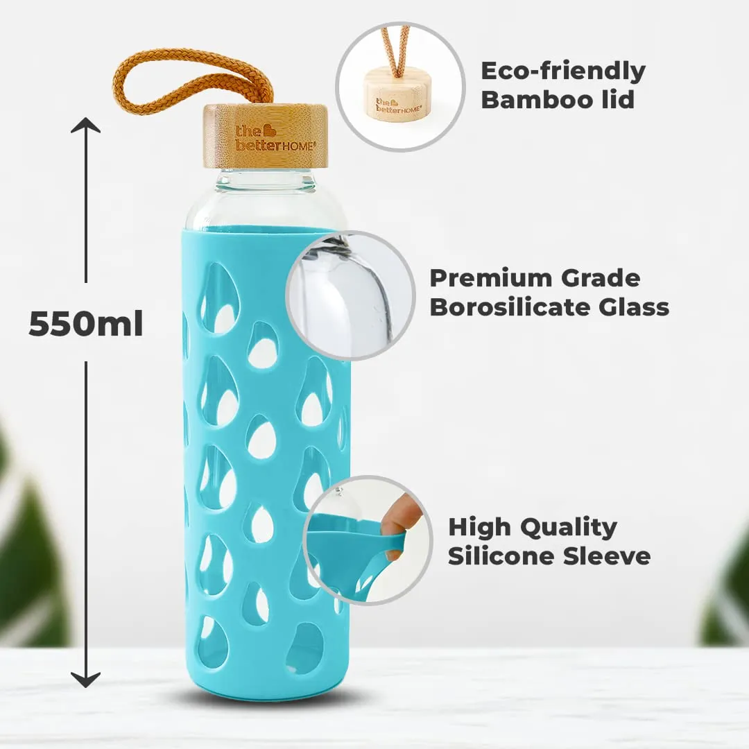 The Better Home Borosilicate Glass Water Bottle with Sleeve 550ml | Non Slip Silicon Sleeve & Bamboo Lid | Water Bottles for Fridge | Light Blue (Pack of 20)