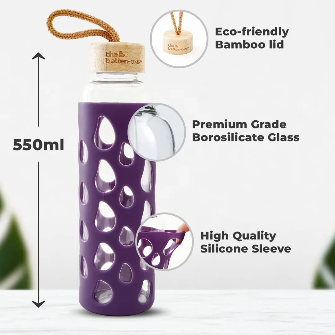 The Better Home Borosilicate Glass Water Bottle with Sleeve (550ml) | Non Slip Silicon Sleeve & Bamboo Lid | Water Bottles for Fridge (Pack of 5)