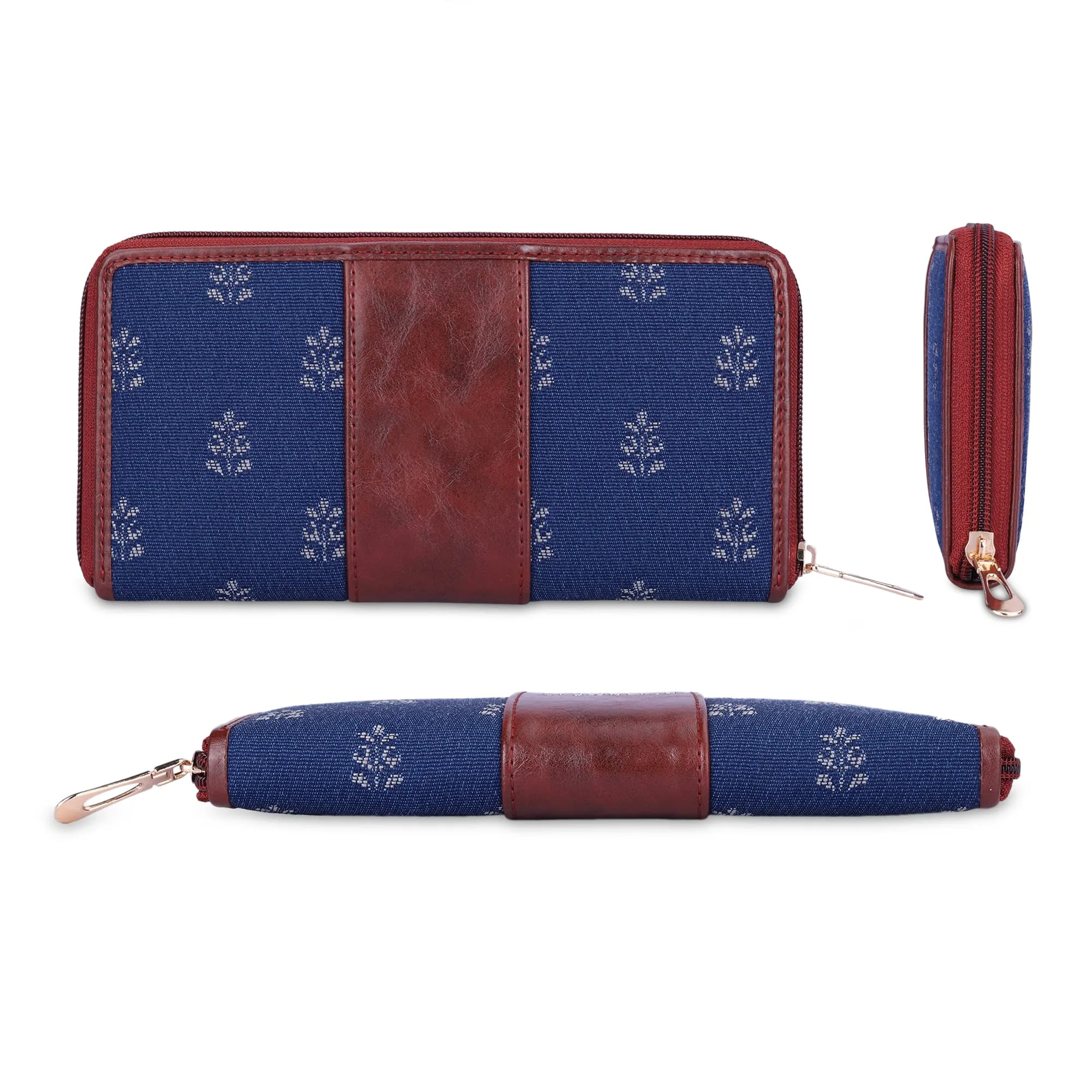 THE CLOWNFISH Aria Collection Tapestry Fabric & Faux Leather Zip Around Style Womens Wallet Clutch Ladies Purse with Card Holders (Denim Blue)