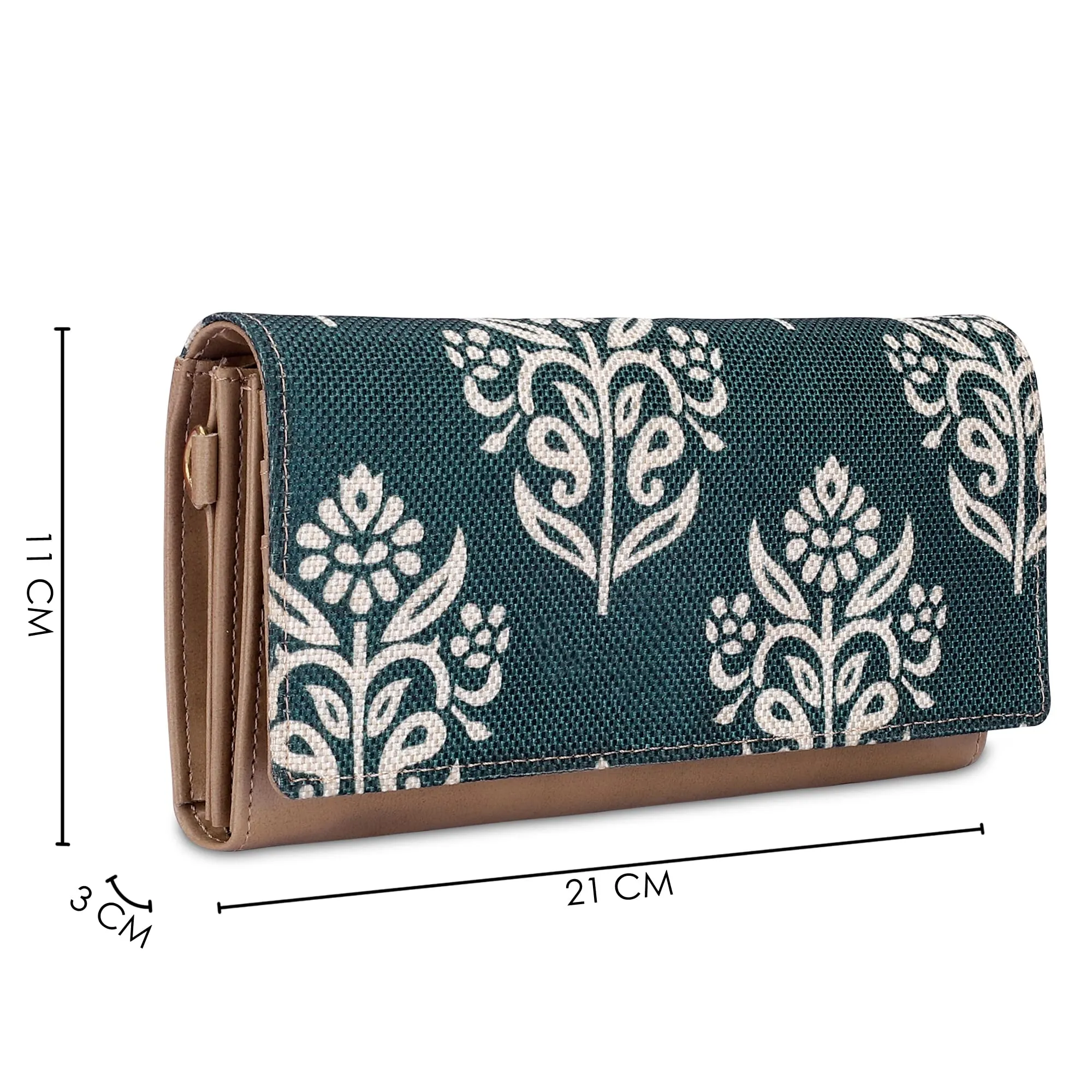 THE CLOWNFISH Jolene Printed Handicraft Fabric & Vegan Leather Ladies Wallet Purse Sling Bag with Multiple Card Slots & Shoulder Belt (Light Green)