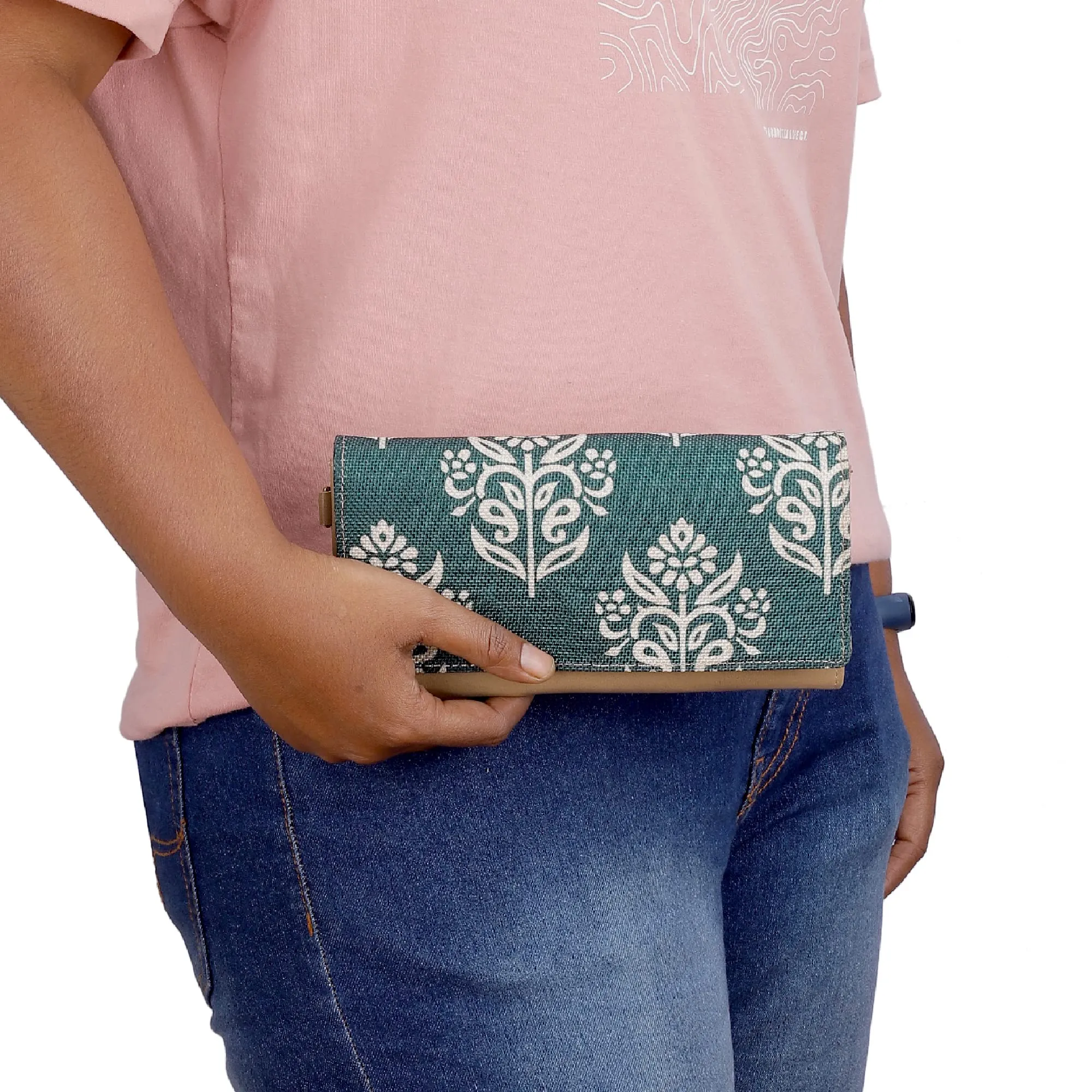 THE CLOWNFISH Jolene Printed Handicraft Fabric & Vegan Leather Ladies Wallet Purse Sling Bag with Multiple Card Slots & Shoulder Belt (Light Green)