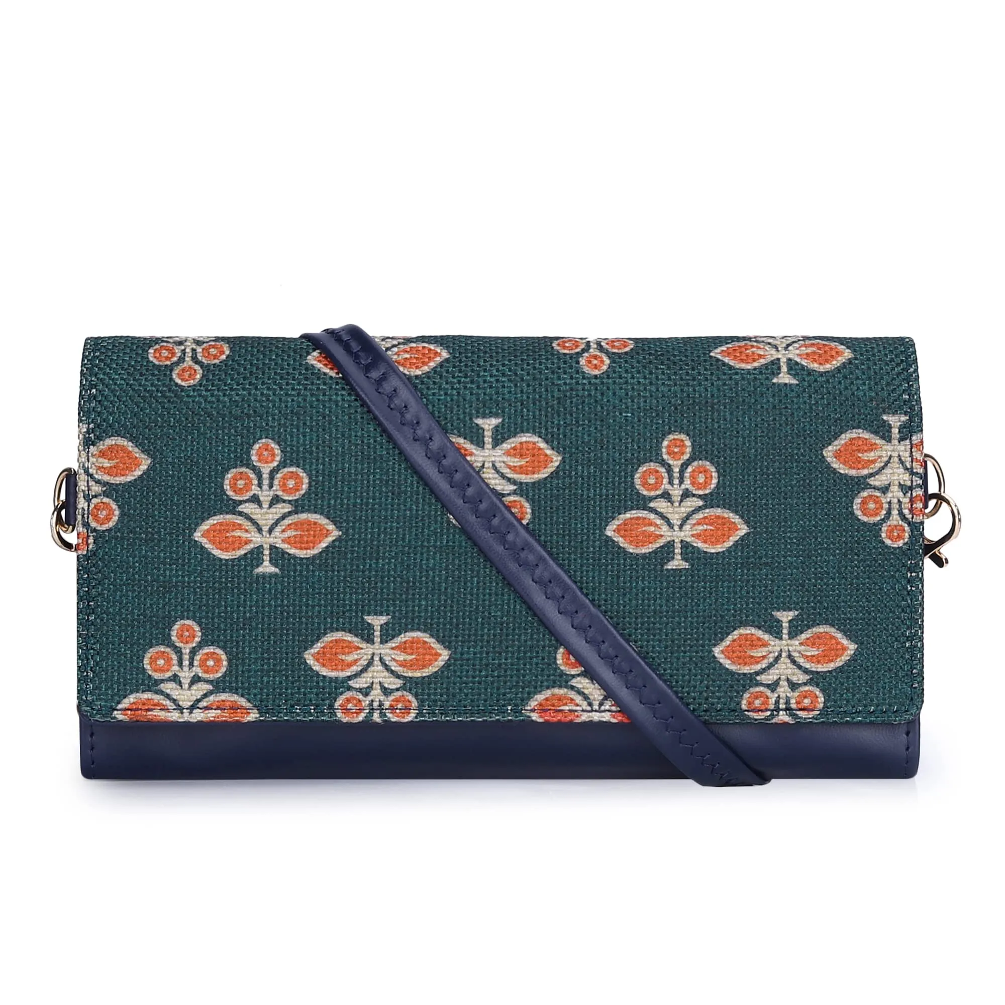 THE CLOWNFISH Women Jolene Printed Handicraft Fabric & Vegan Leather Ladies Casual Wallet Purse Sling Bag With Multiple Card Slots & Shoulder Belt (White With Grey Stripes)