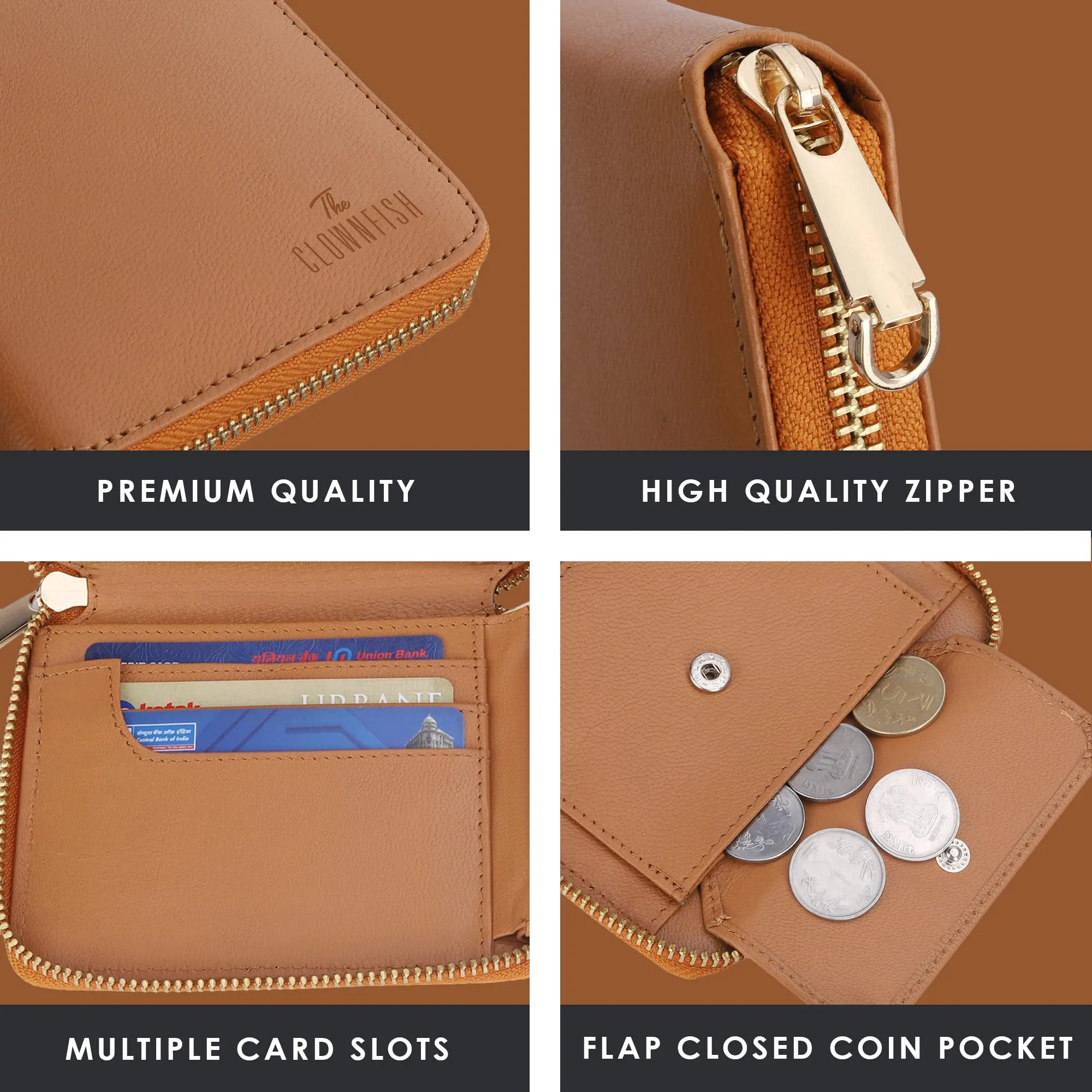 The Clownfish Zia Genuine Leather Bi-Fold Zip Around Wallet for Women with Multiple Card Slots & Coin Pocket (Rust)