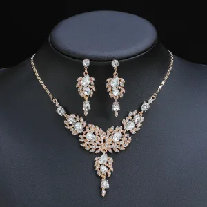 Wedding Rhinestones Floral Necklace Earrings Jewelry Set Dangle Earrings Adjustable Set Elegance Party Jewelry for Women