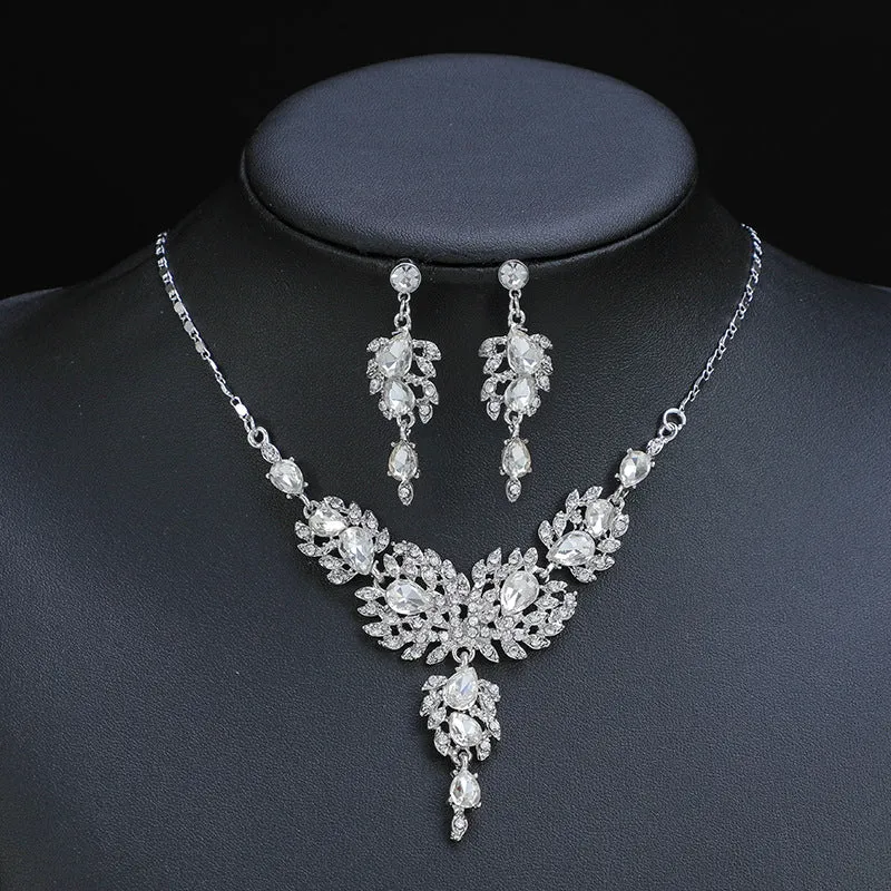 Wedding Rhinestones Floral Necklace Earrings Jewelry Set Dangle Earrings Adjustable Set Elegance Party Jewelry for Women