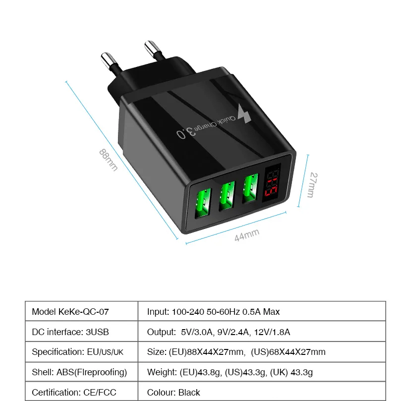 Wholesale 3-Port Quick Charge Wall Charger with LED Display - PBG