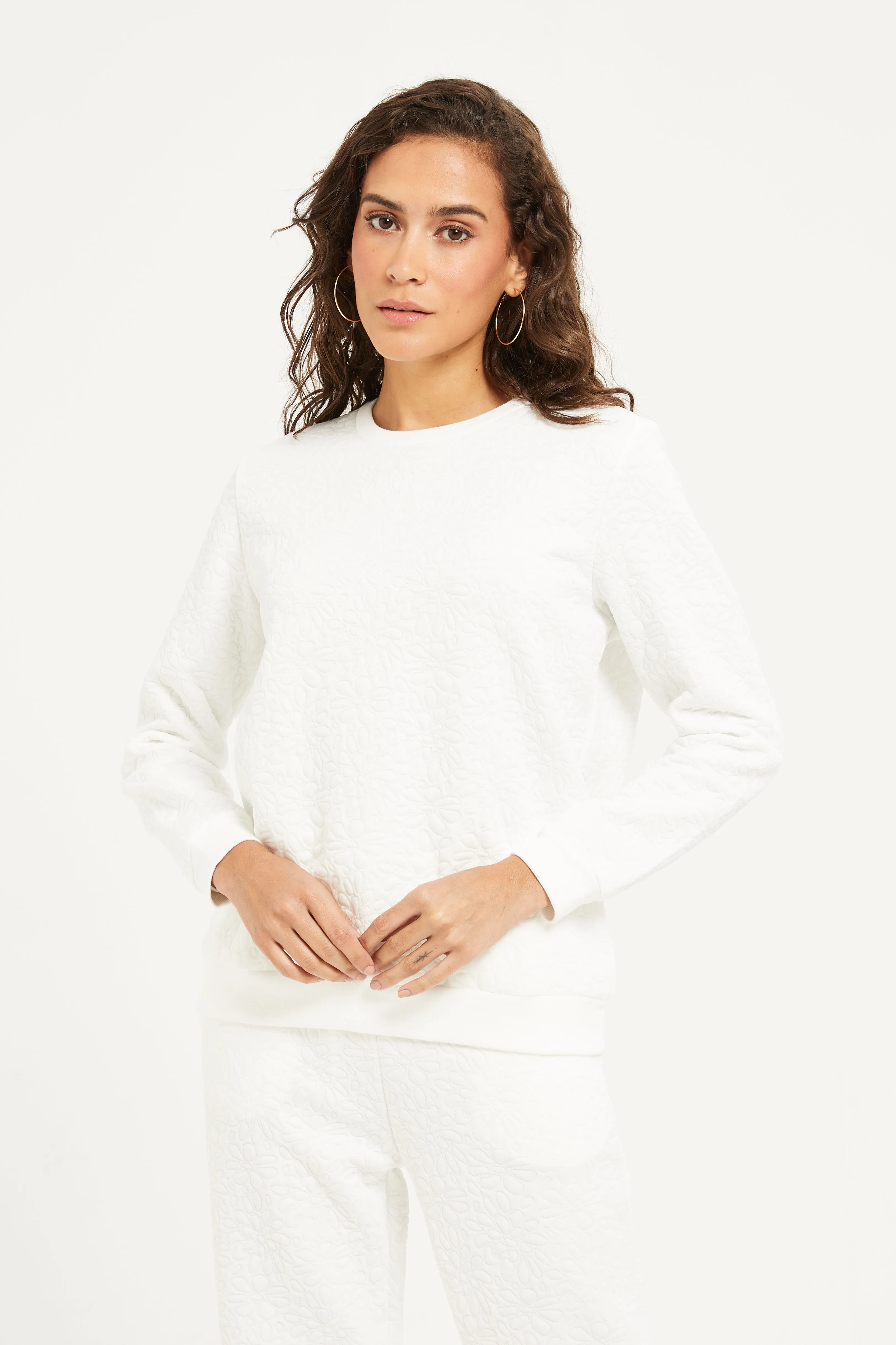 Women White Quilted Sweatshirt