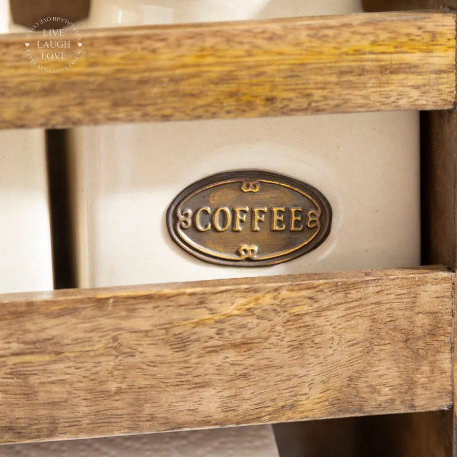 Wooden Shelf with Ceramic Canisters & Kitchen Roll Holder