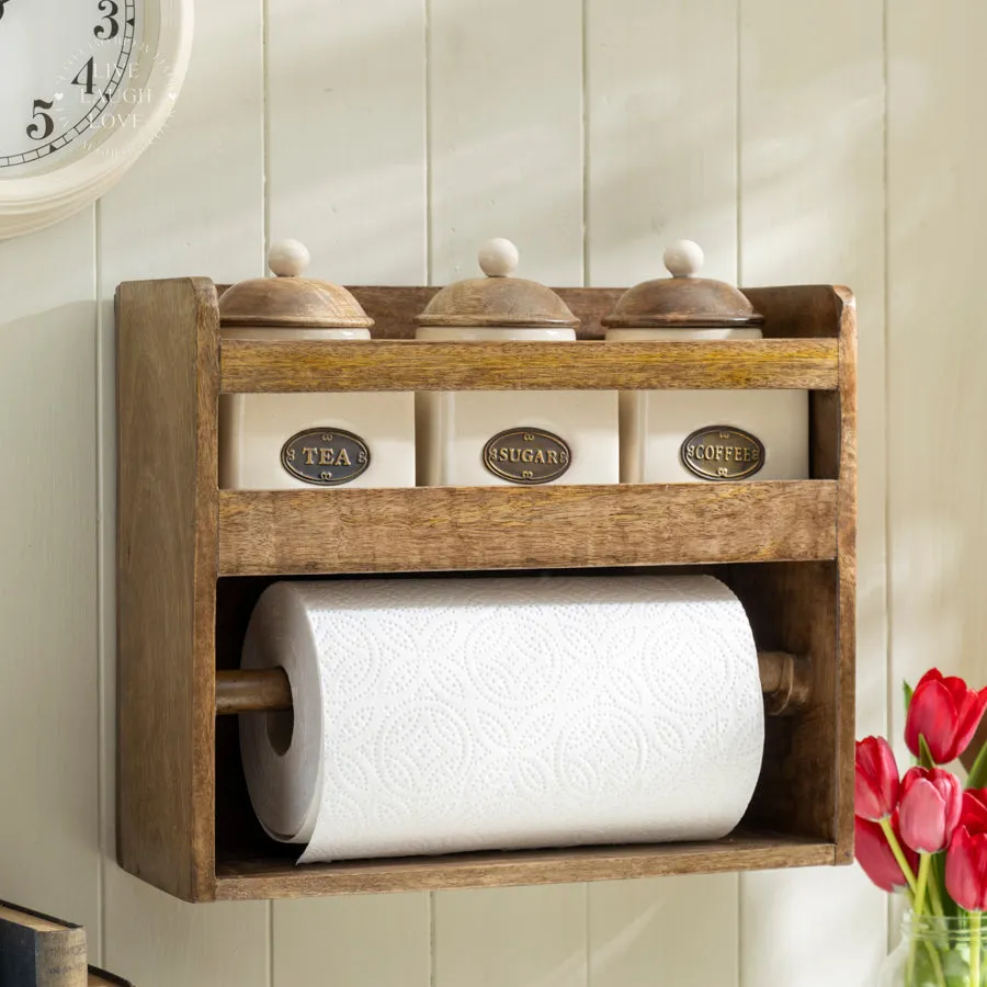 Wooden Shelf with Ceramic Canisters & Kitchen Roll Holder