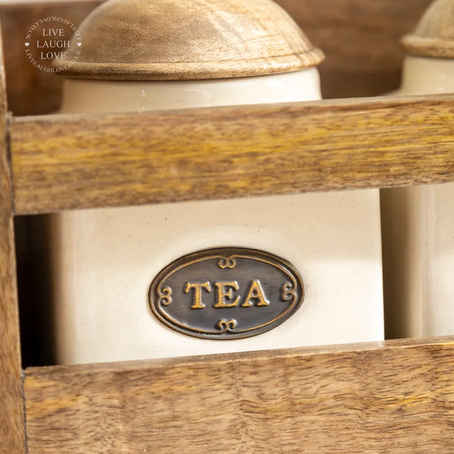 Wooden Shelf with Ceramic Canisters & Kitchen Roll Holder